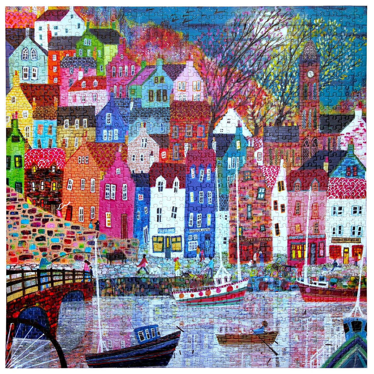 Piece&Love Scottish Isle 1000pc puzzle featuring colorful harbor village with boats