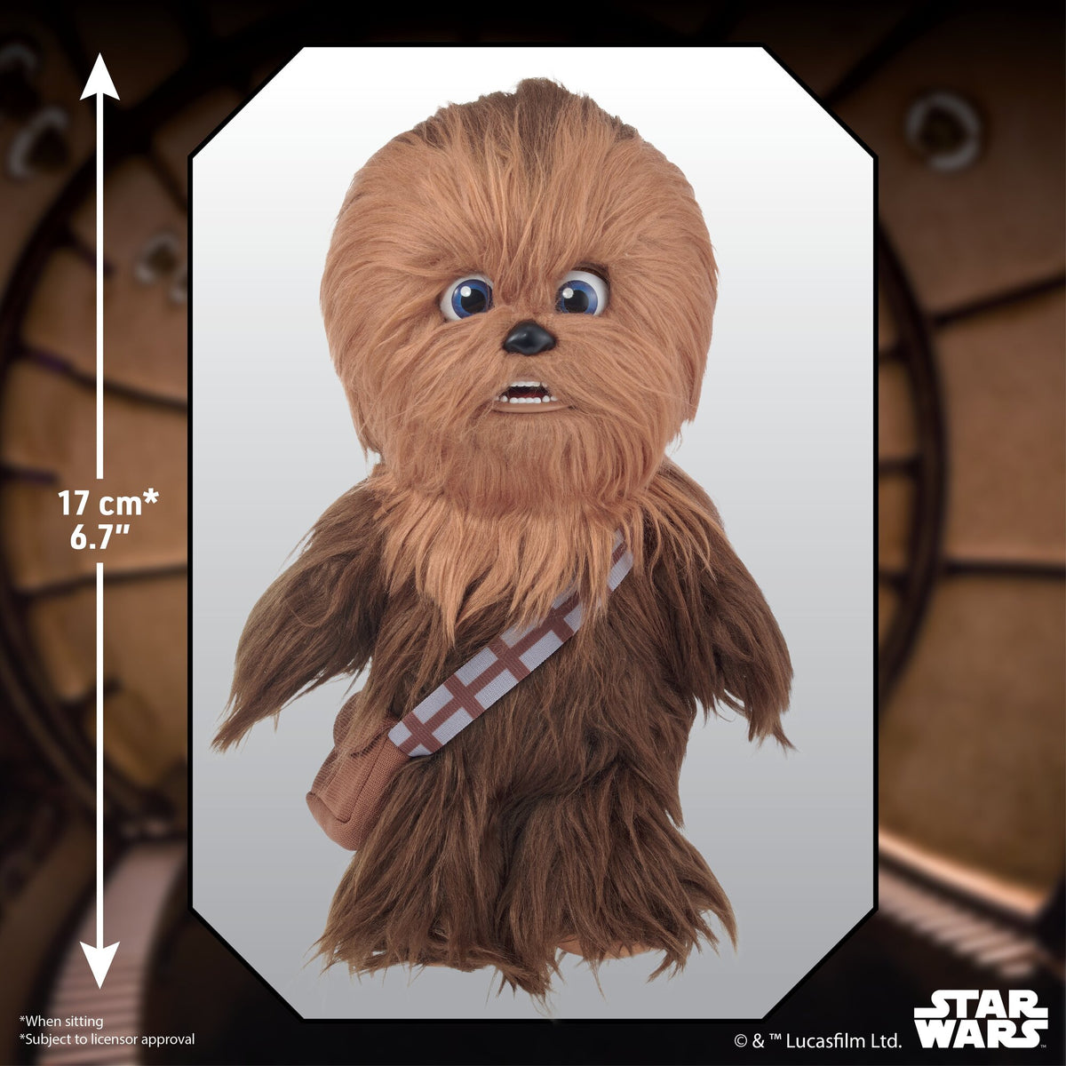 Star Wars Chewbacca Palm Puppetronic interactive puppet with brown coloring, blue eyes, and bandolier strap