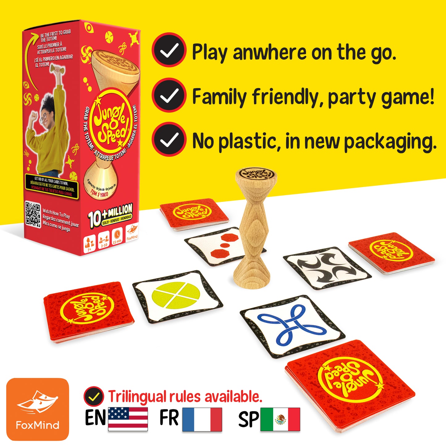 Jungle Speed Eco Edition card game with wooden totem and red cards, family party game