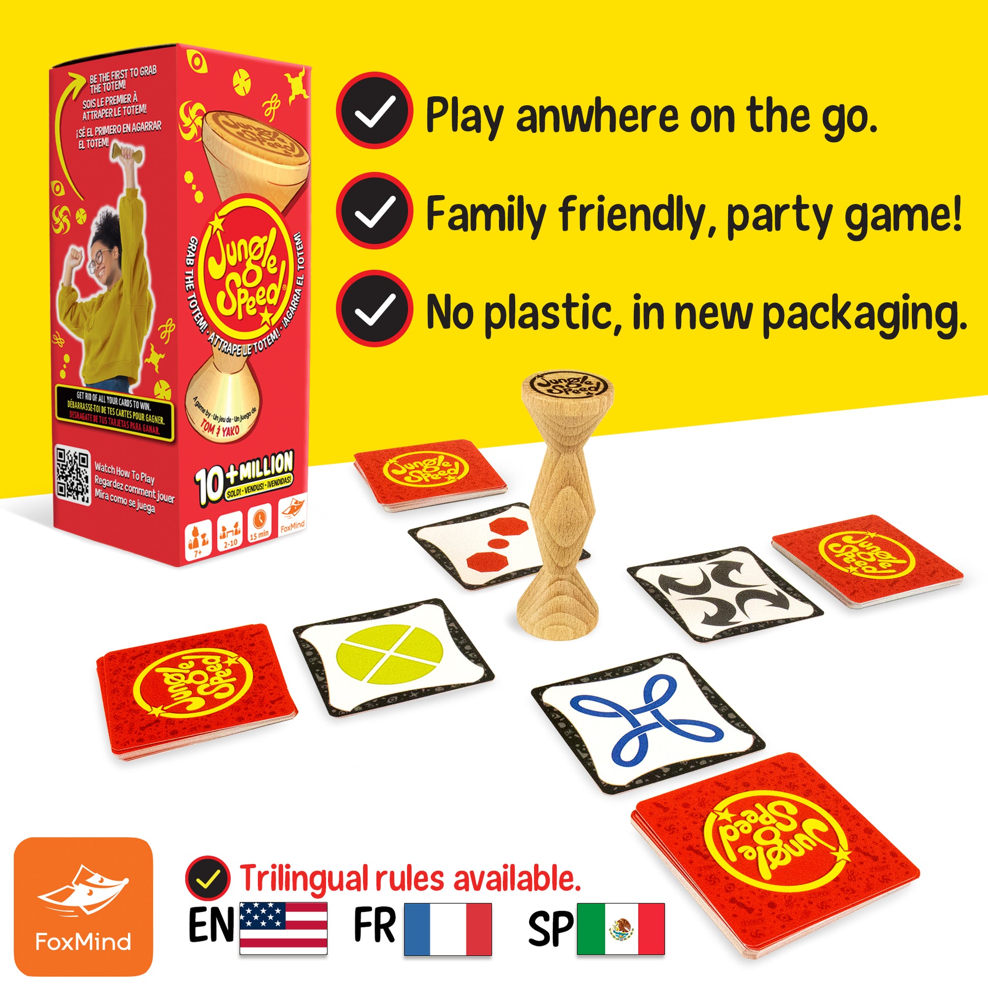 Jungle Speed Eco Edition card game with wooden totem and red cards, family party game