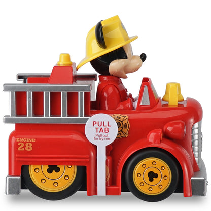Disney Junior Mickey Mouse red and yellow firetruck toy with Mickey in firefighter hat, labeled Engine 28