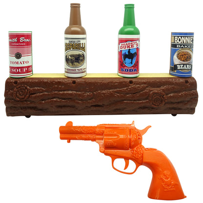 Wild West Gunslinger infrared shooting game with wooden log shelf, orange toy revolver, and vintage cans