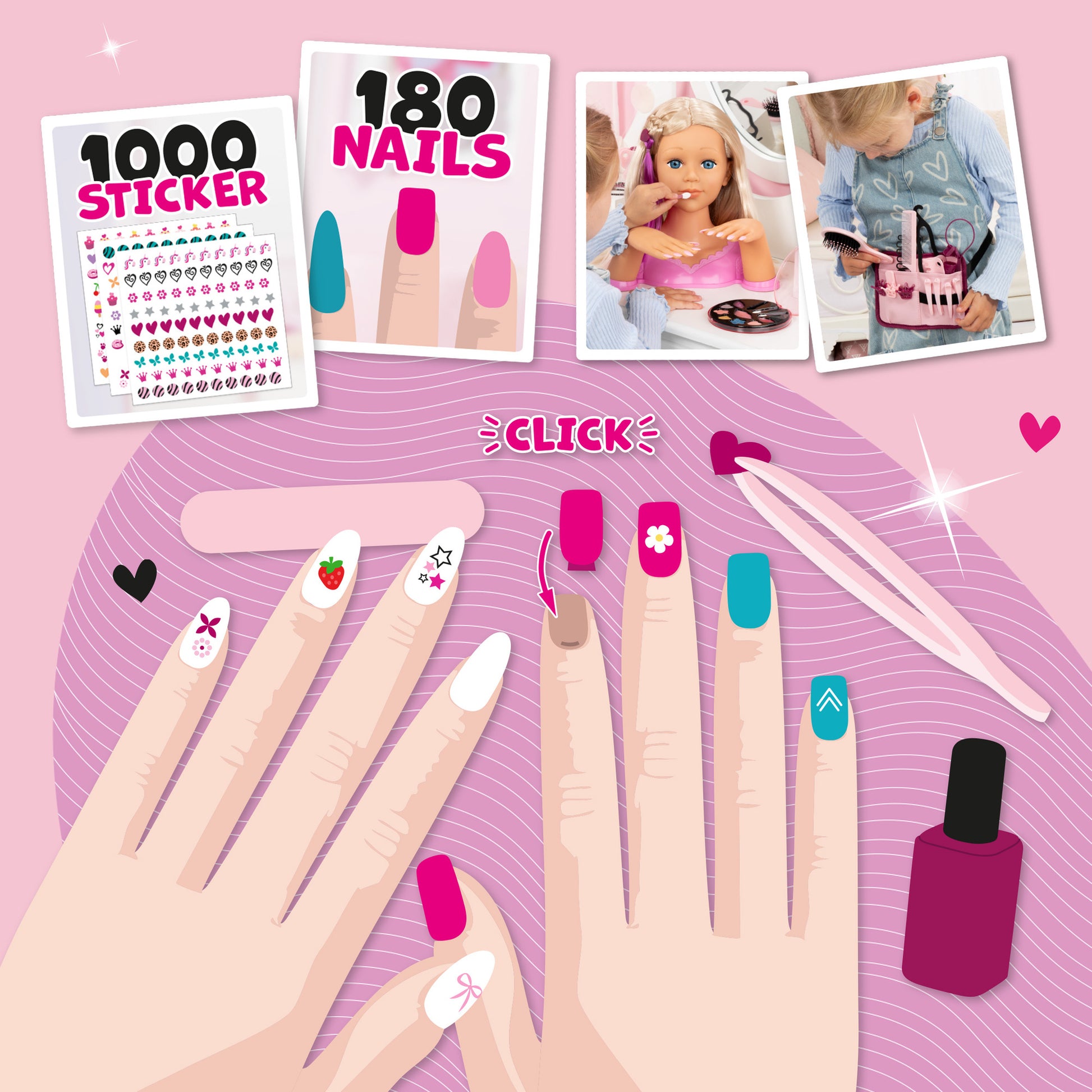 Charlene Magic Nails Brunette doll nail art set with 180 nails, stickers, and styling tools