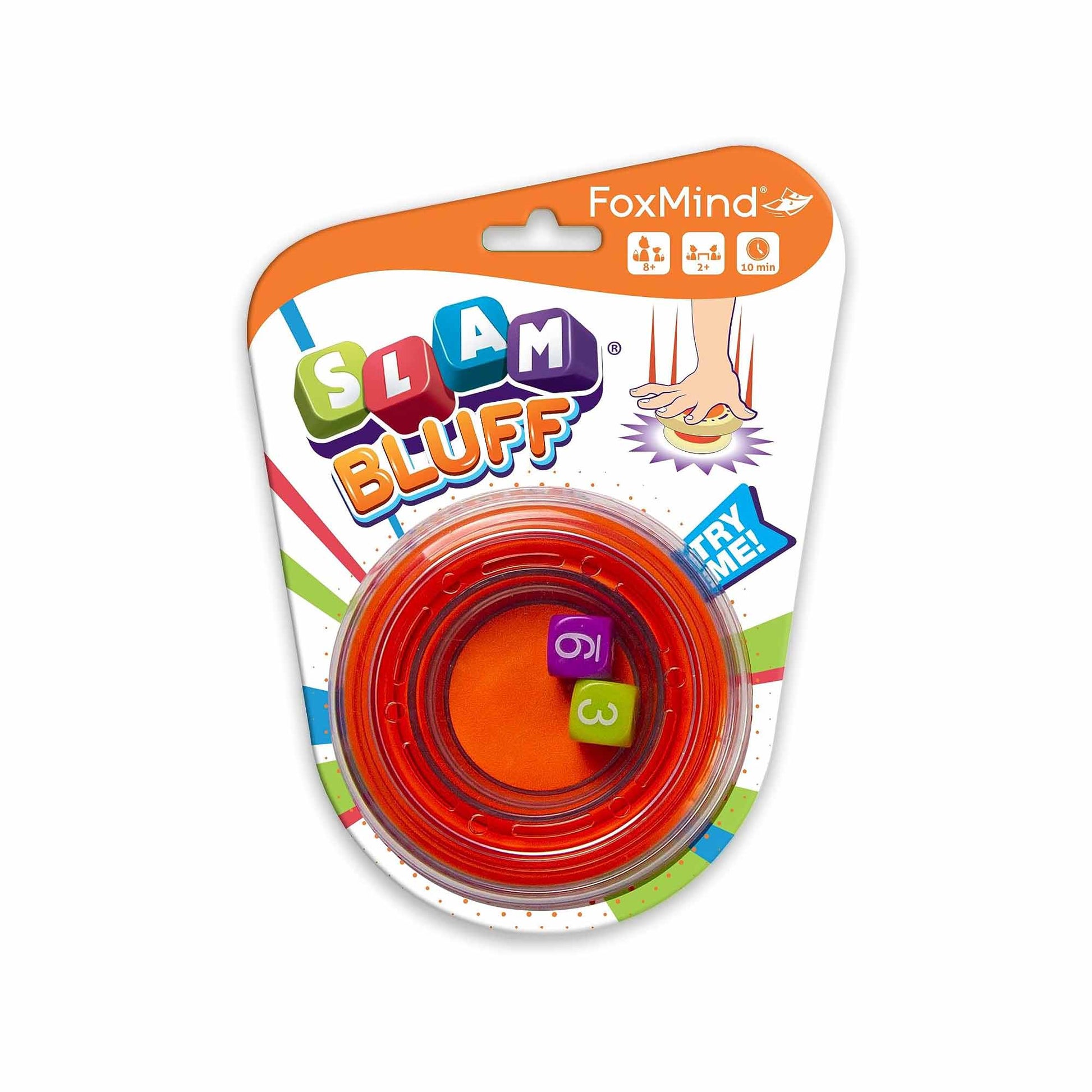 Slam Bluff by FoxMind Games - red circular game with purple and green number tiles, family party game for 2-6 players