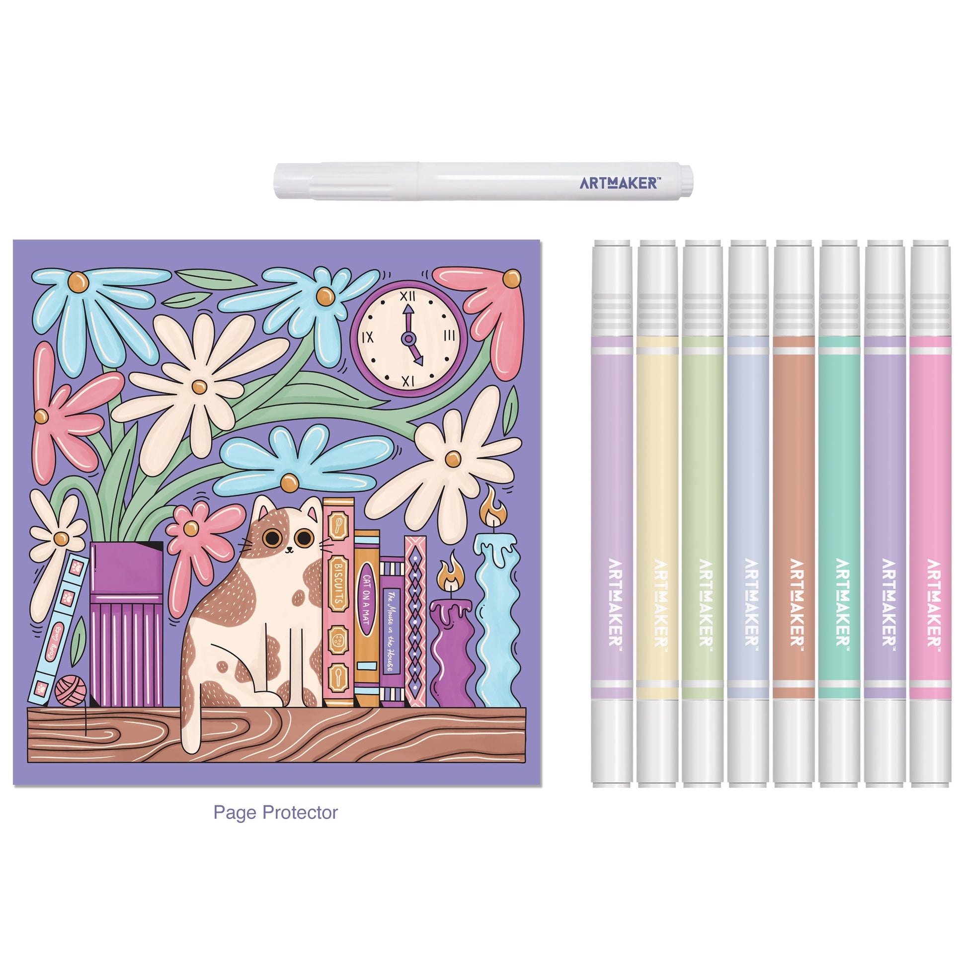 Art Maker Library Cats Coloring Kit with 8 pastel markers, paint pen, and illustrated page protector