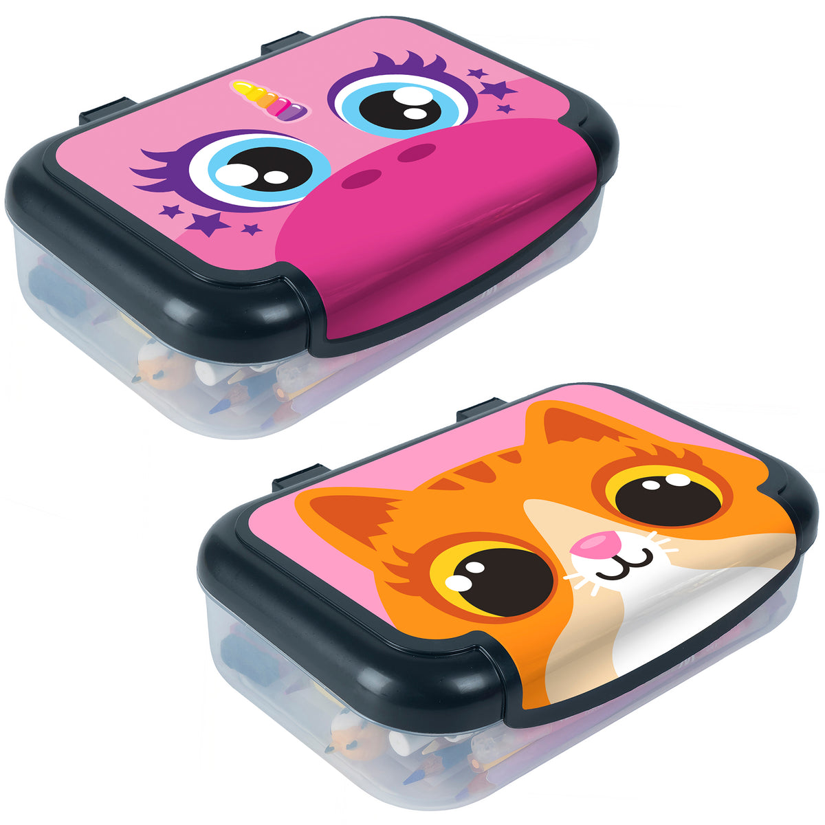 Bundle of 2 pencil boxes: pink unicorn and orange kitty designs with large eyes and stars