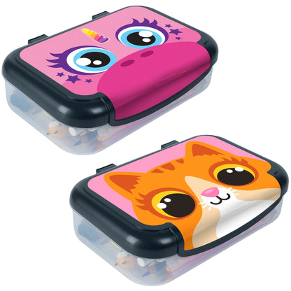Bundle of 2 pencil boxes: pink unicorn and orange kitty designs with large eyes and stars