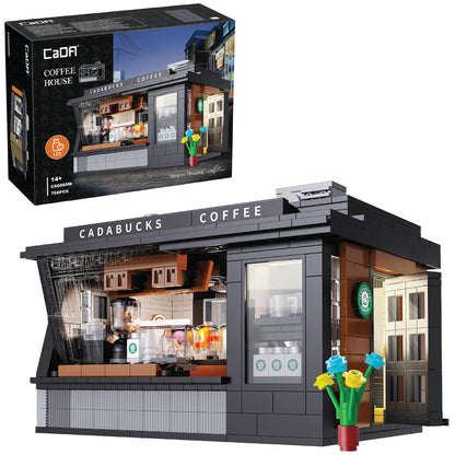 CaDA Coffee House building set with modern café storefront, LED lighting, and colorful flowers