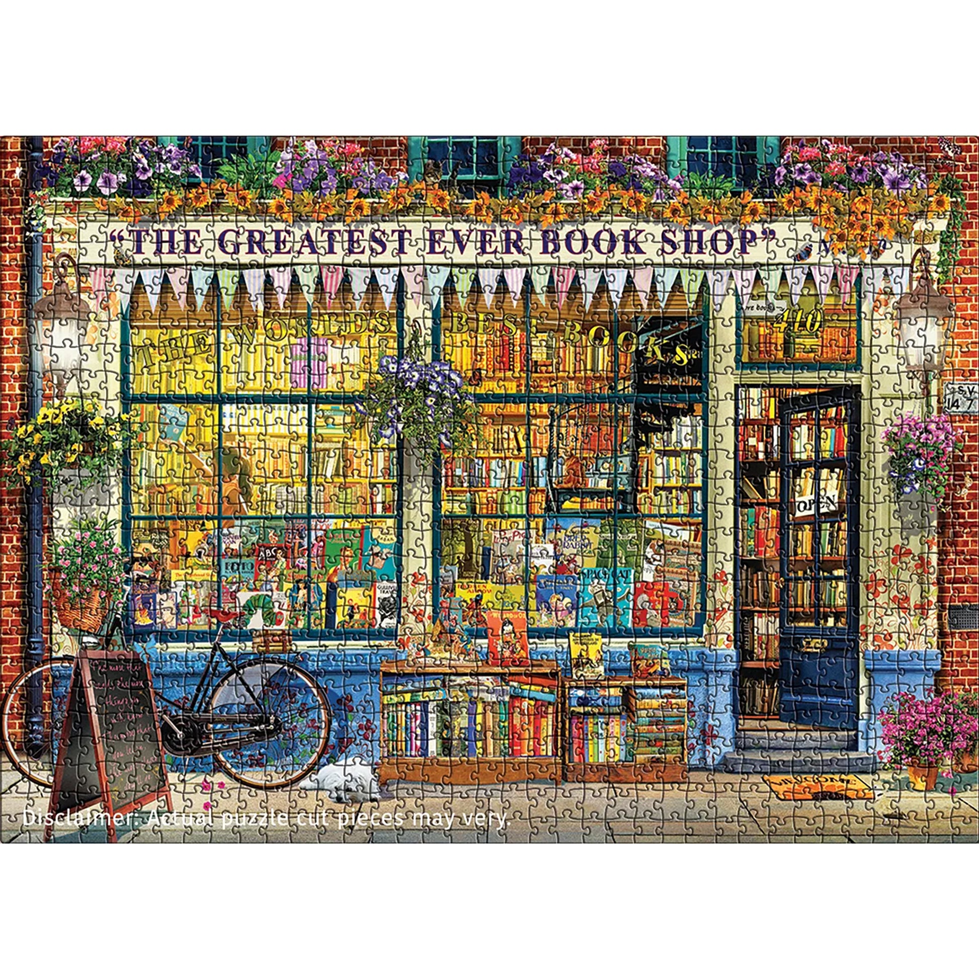 Eurographics 1000 Piece Puzzle featuring colorful bookshop storefront with flowers and bicycle