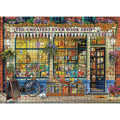 Eurographics 1000 Piece Puzzle featuring colorful bookshop storefront with flowers and bicycle