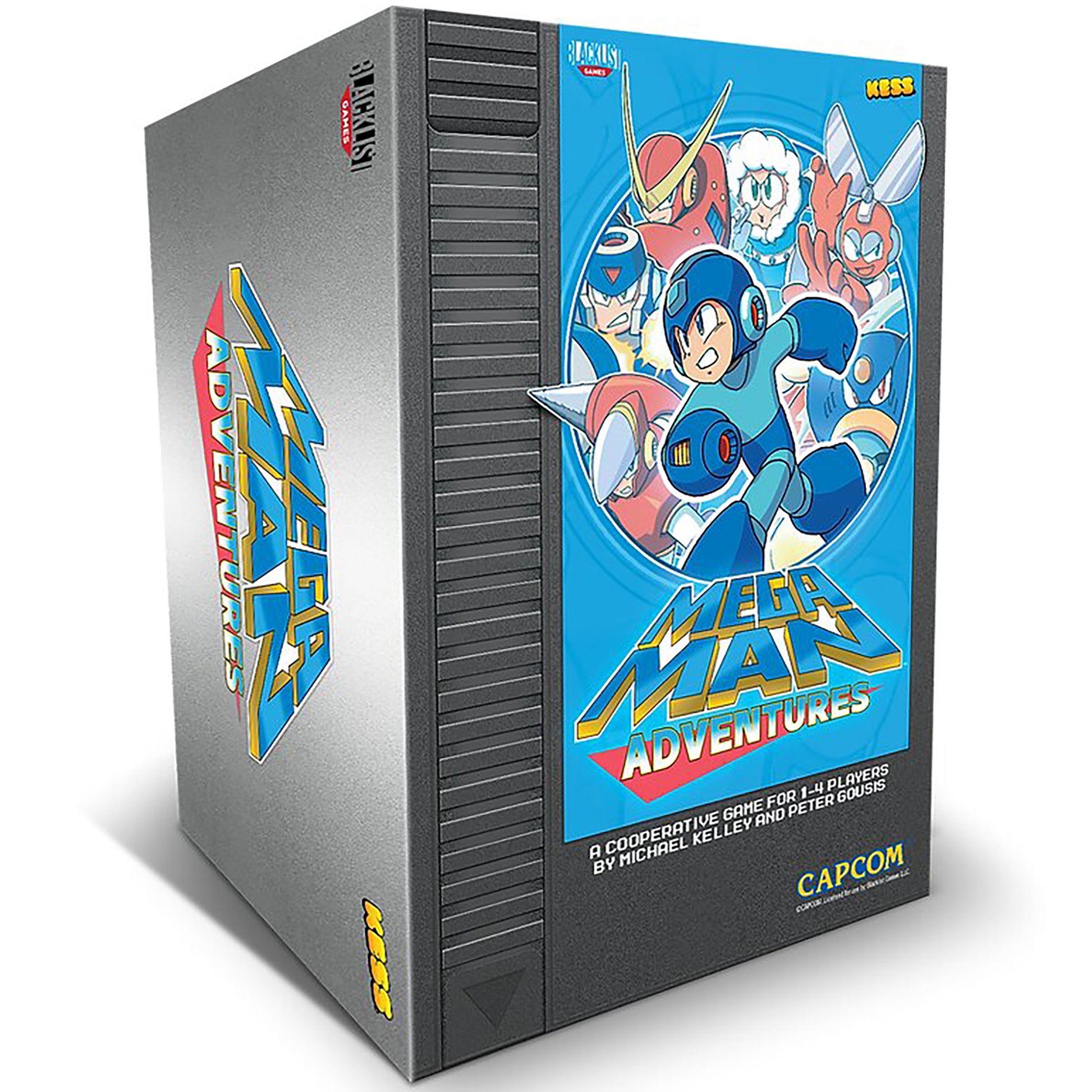 Mega Man Adventures board game box featuring blue packaging with Mega Man and robot characters, cooperative gameplay ...