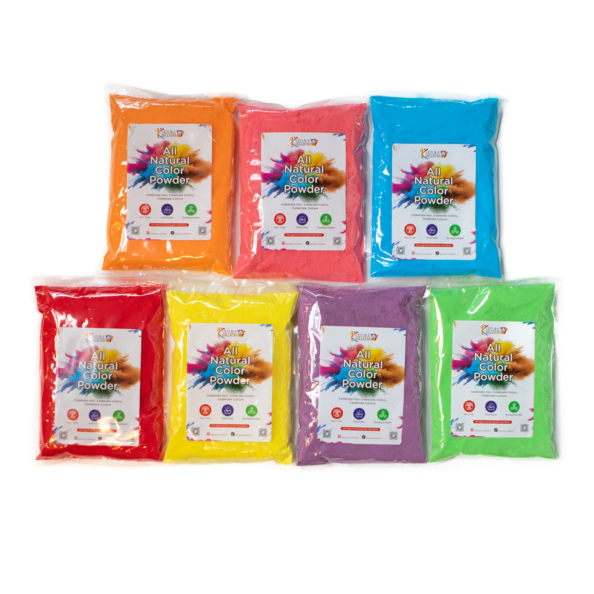 Kulture Khazana Holi Color Powder 7-Pack - All Natural Non-Toxic