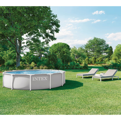Intex Prism Frame Premium Pool Set 12'x30" with gray and white frame in backyard