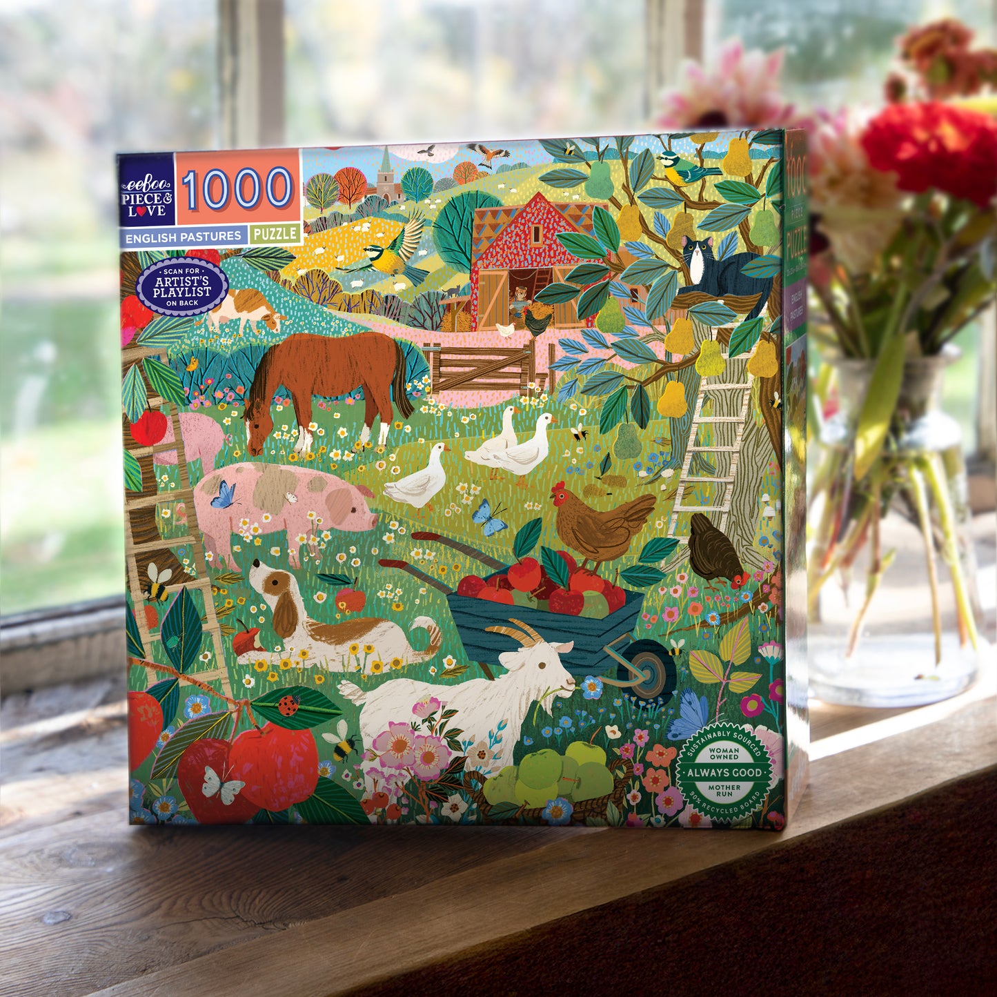 Piece & Love English Pastures 1000 piece puzzle box featuring colorful farm animals and countryside garden illustration