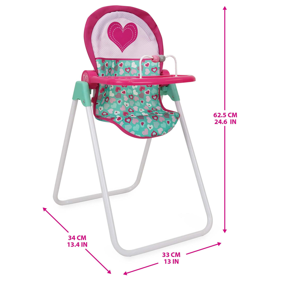 Mint Heart Foodie Doll Highchair with pink and turquoise heart pattern, includes feeding accessories