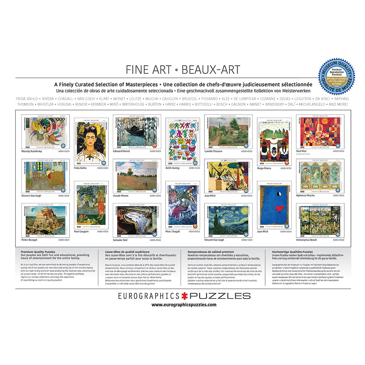 Eurographics Fine Art Beaux-Art puzzle collection featuring masterpieces by Van Gogh, Monet, Kahlo and more