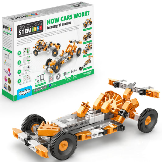 Engino Discovering STEM How Cars Work building set with orange and white vehicle models and instruction box