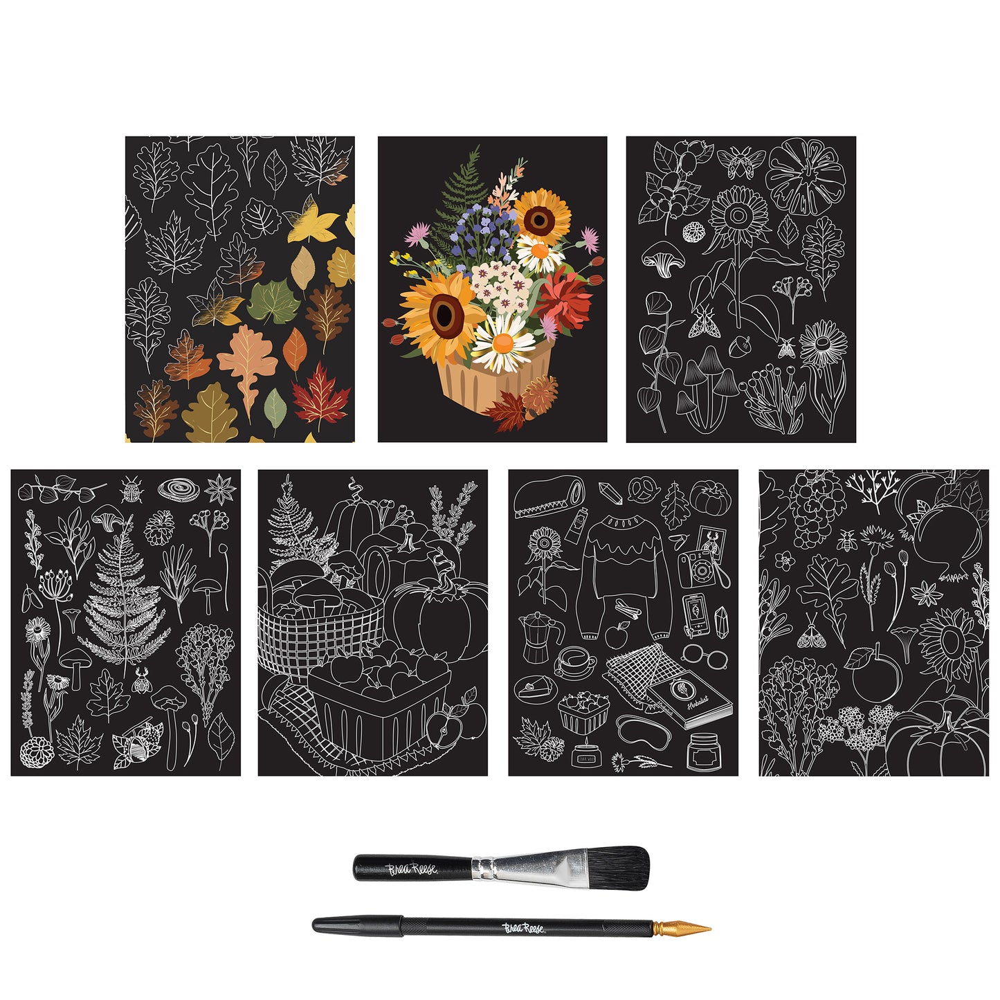 Scratch Art Paper Pad - Fall Foraging with 7 designs, brush and stylus tools