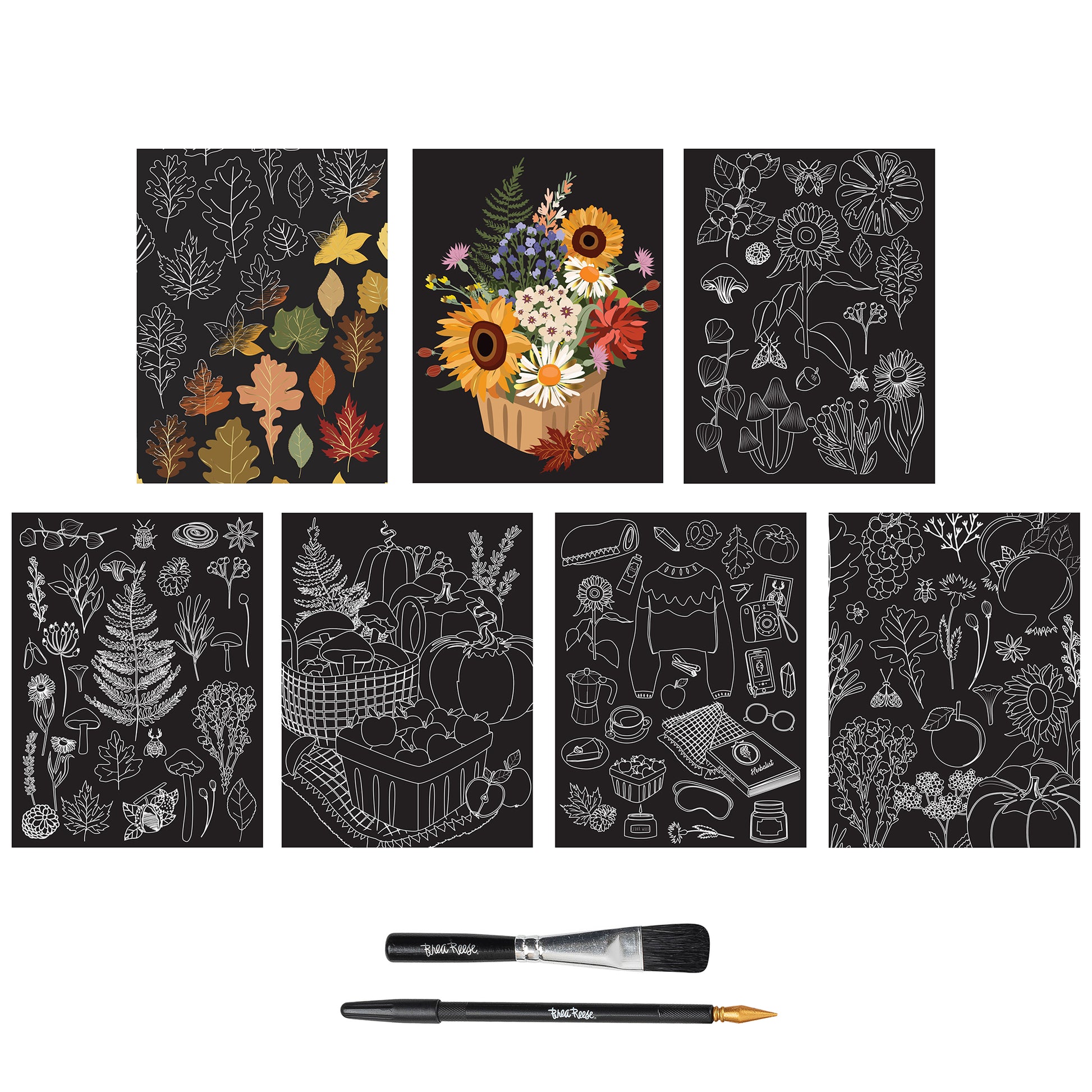 Scratch Art Paper Pad - Fall Foraging with 7 designs, brush and stylus tools