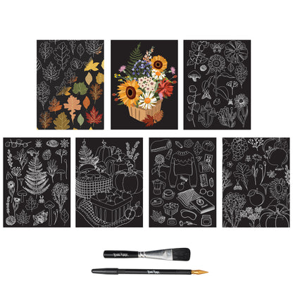 Scratch Art Paper Pad - Fall Foraging with 7 designs, brush and stylus tools
