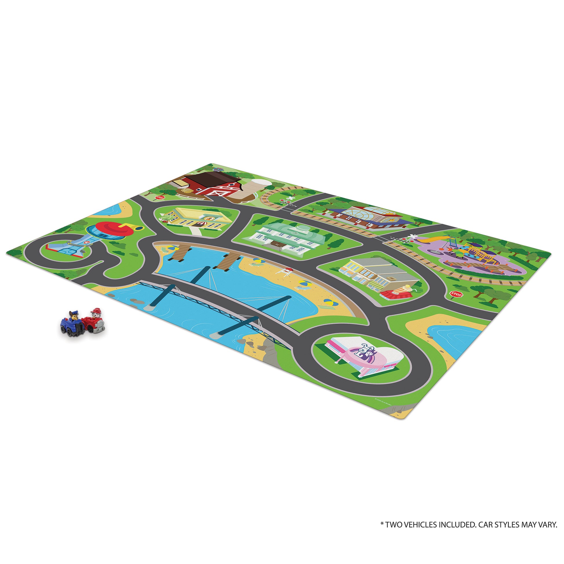 Paw Patrol Imaginmat jumbo floor playmat with roads and buildings, includes 2 toy vehicles