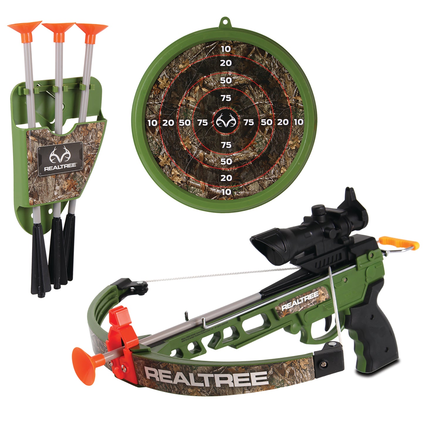 RealTree 14" toy crossbow set with green camo finish, suction arrows, and target