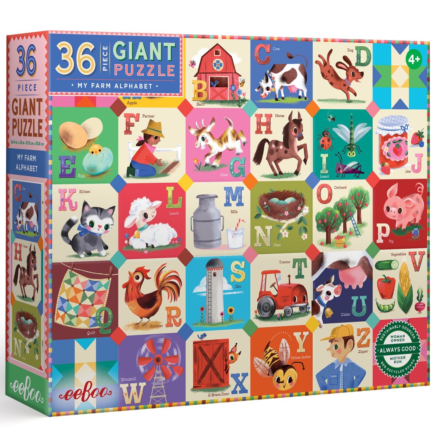 36 Piece Giant Puzzle: My Farm Alphabet by eeBoo with colorful farm animals and letters A-Z