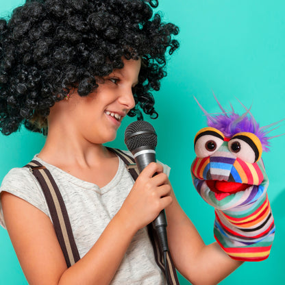 Living Puppets Pocky Sock hand puppet with colorful striped body and purple spiky hair, shown with child holding micr...