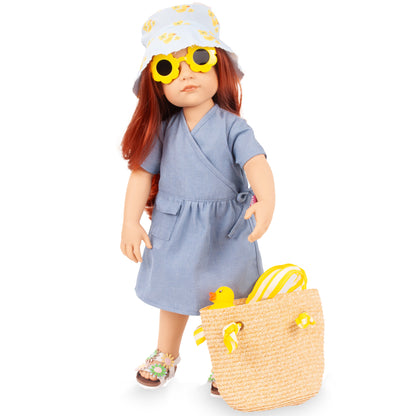 Gotz Hannah Little Duck 19.5" doll with red hair, yellow sunglasses, blue wrap dress, floral sandals, and straw tote ...