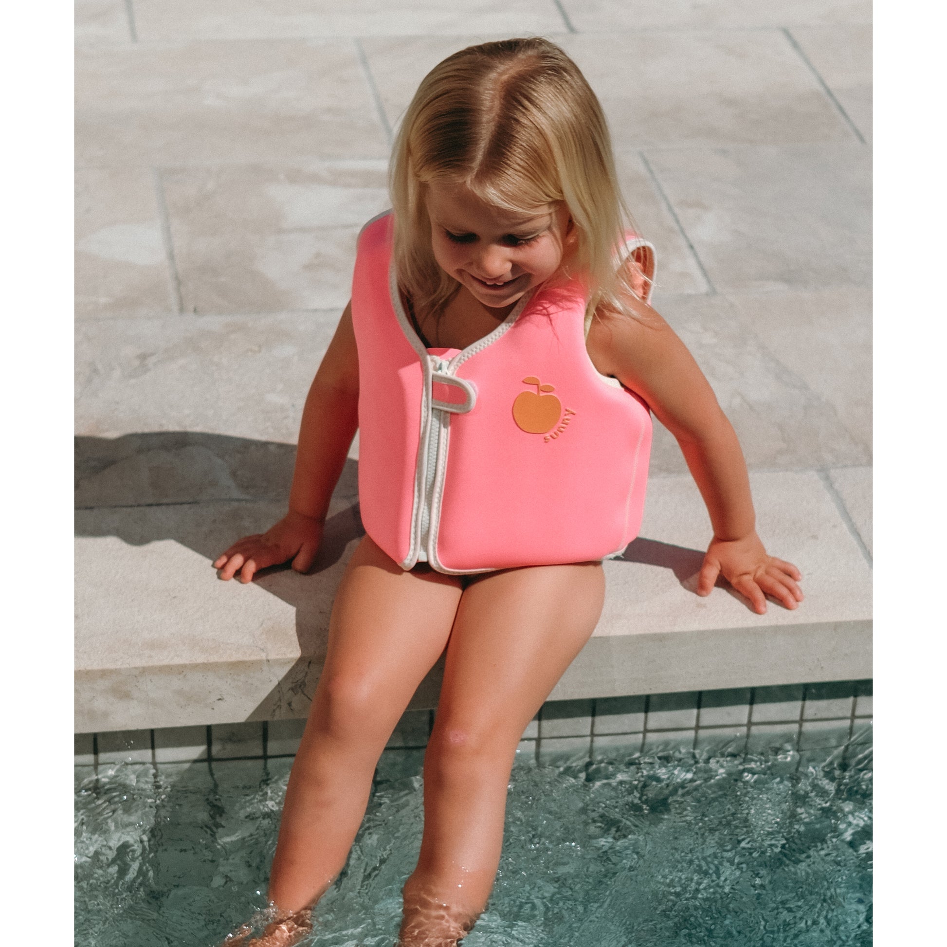 Neon pink Float Vest for toddlers with peach design, size 3-6