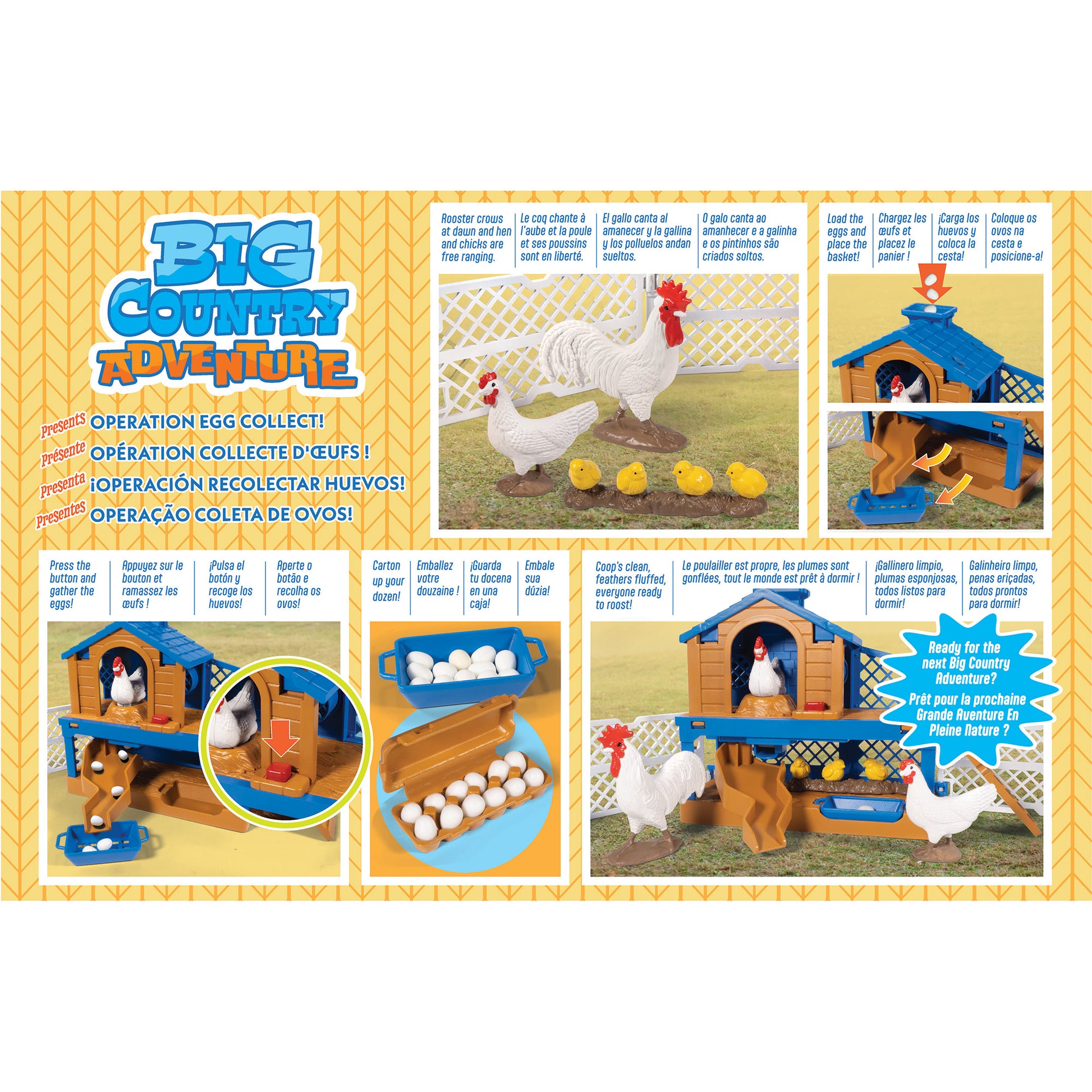 Big Country Chicken Coop Adventure farm playset with blue coop, white chickens, and eggs