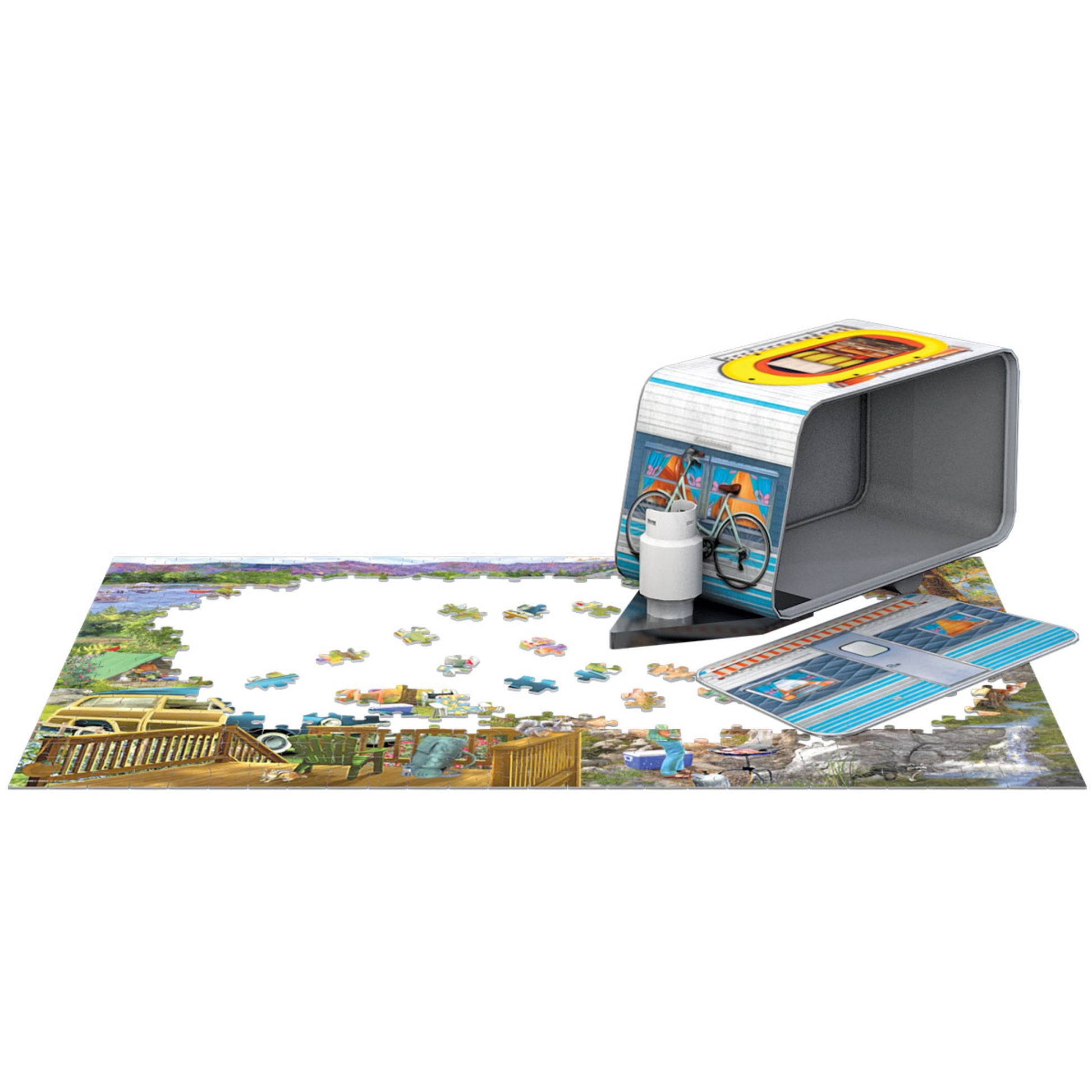 Eurographics Camping Trailer 550 Piece Puzzle with tin storage box and vintage outdoor scene