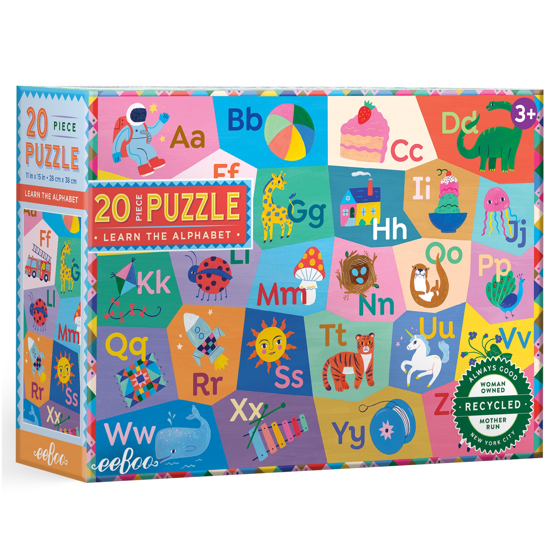eeBoo Learn The Alphabet 20 Piece Puzzle with colorful letter tiles and illustrated objects for ages 3+