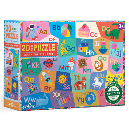 eeBoo Learn The Alphabet 20 Piece Puzzle with colorful letter tiles and illustrated objects for ages 3+