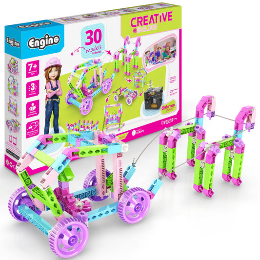 Engino Creative Builder 30-in-1 motorized STEM toy set with pink, purple, and green building blocks