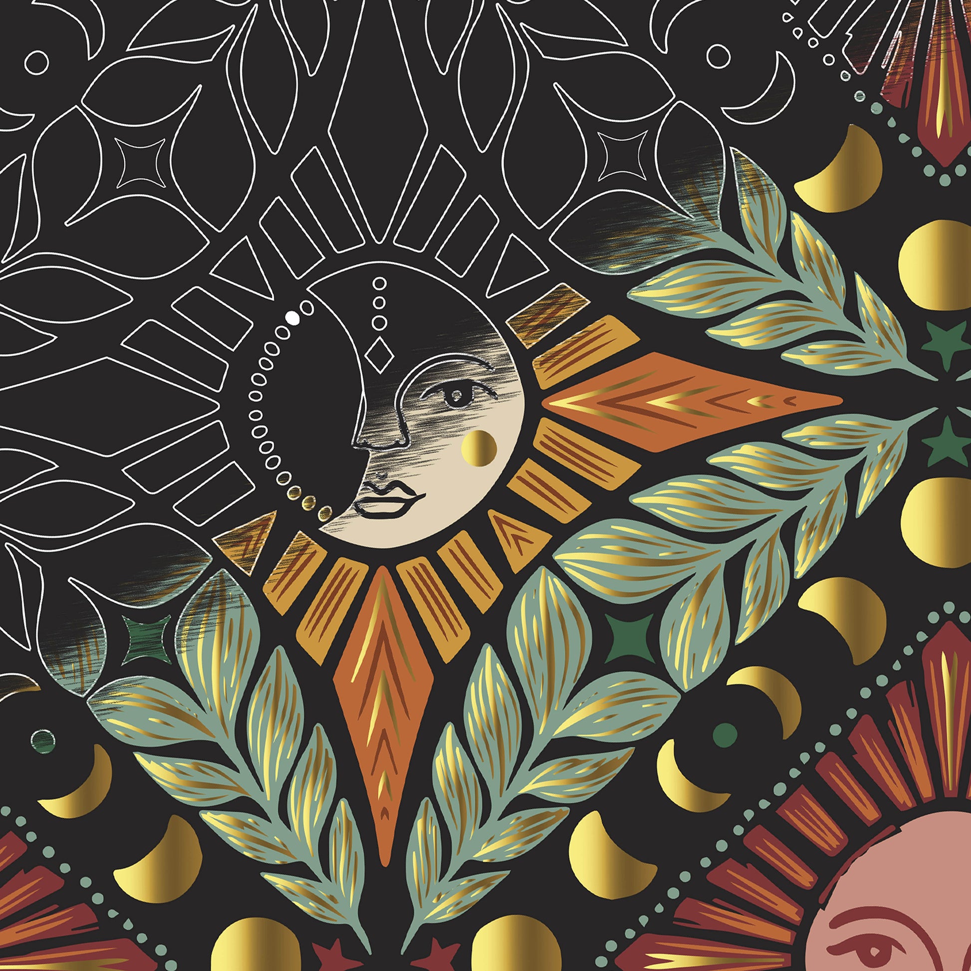 Scratch Art Paper Pad Moon & Sun with gold foil celestial design and colorful patterns