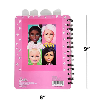 Barbie 4 Tab Journal with pink cover, spiral binding, and four Barbie doll faces