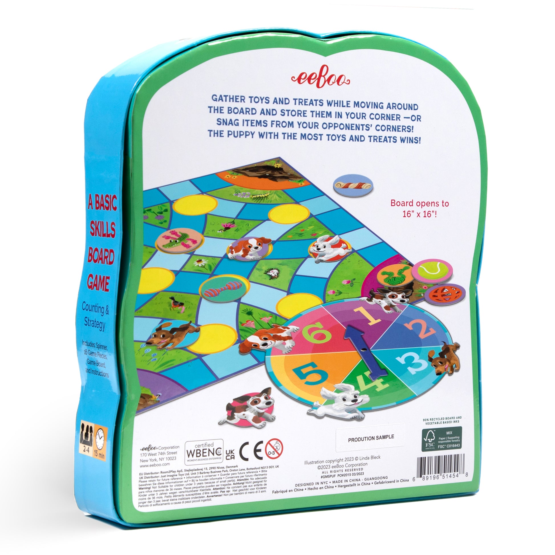 Puppy Fuffle Family Spinner Board Game package showing colorful game board with puppy game pieces, numbered spinner, and yellow tokens on blue and green backgro