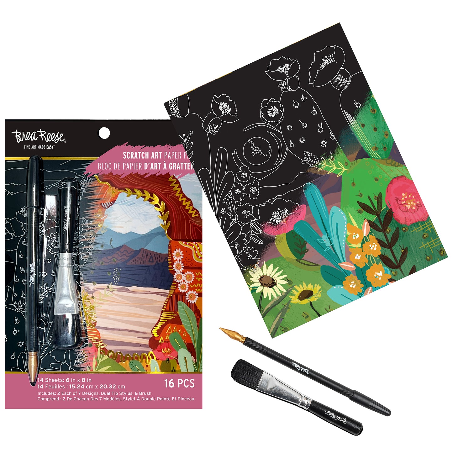 Scratch Art Paper Pad - Arches & Canyons with stylus tools and colorful flower design