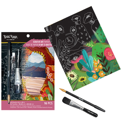 Scratch Art Paper Pad - Arches & Canyons with stylus tools and colorful flower design