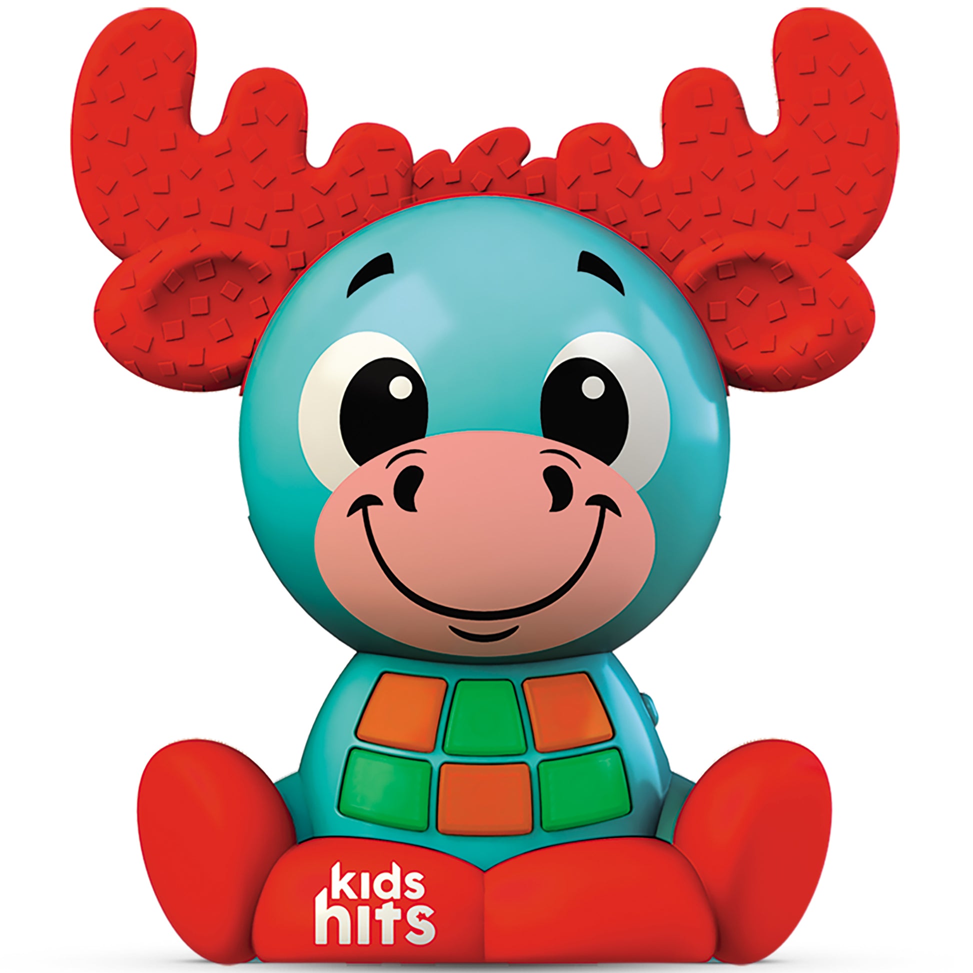 Babykins Moose toy with red antlers, turquoise body, colorful buttons, lights and sounds for toddlers