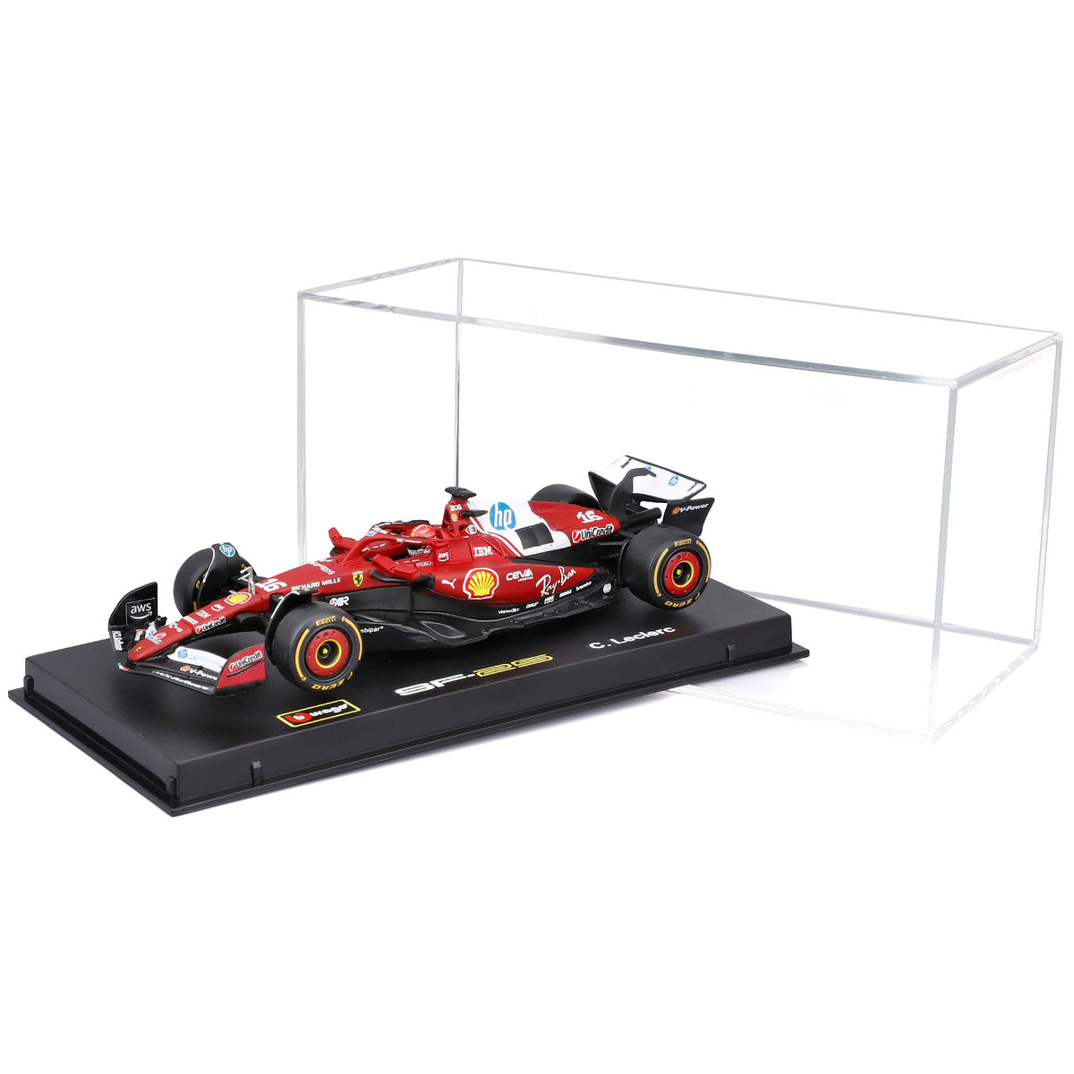 Bburago 1:43 Ferrari SF-25 red race car with Leclerc helmet replica in acrylic display case