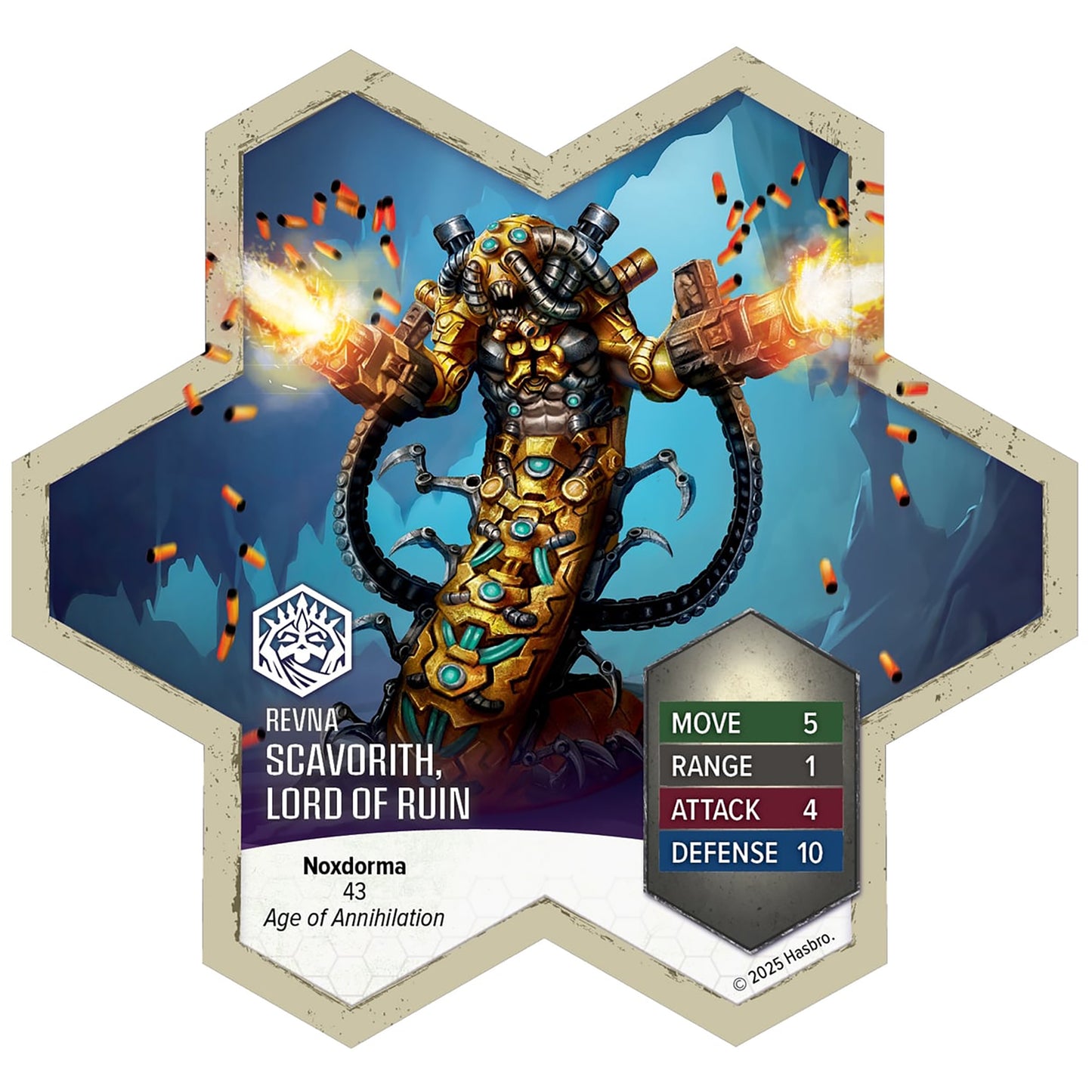 Heroscape Scavorith Lord of Ruin army expansion figure with gold and black armor, game stats card showing Move 5, Ran...