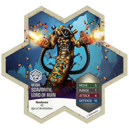 Heroscape Scavorith Lord of Ruin army expansion figure with gold and black armor, game stats card showing Move 5, Ran...
