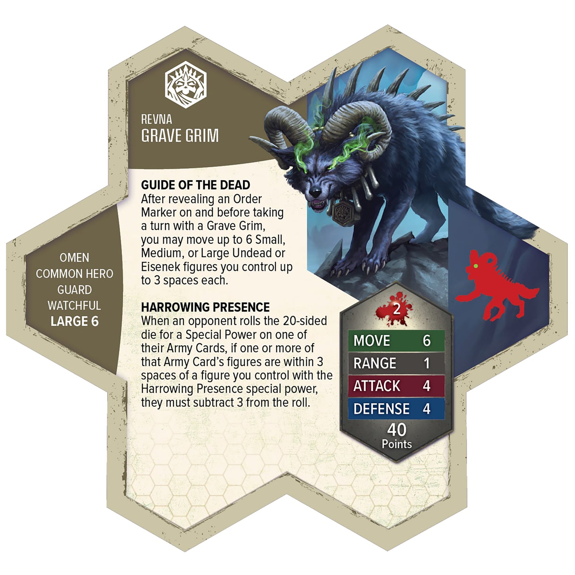 Heroscape Grave Grim expansion pack with demon figure, stat cards showing Move 6, Range 1, Attack 4, Defense 4, and g...
