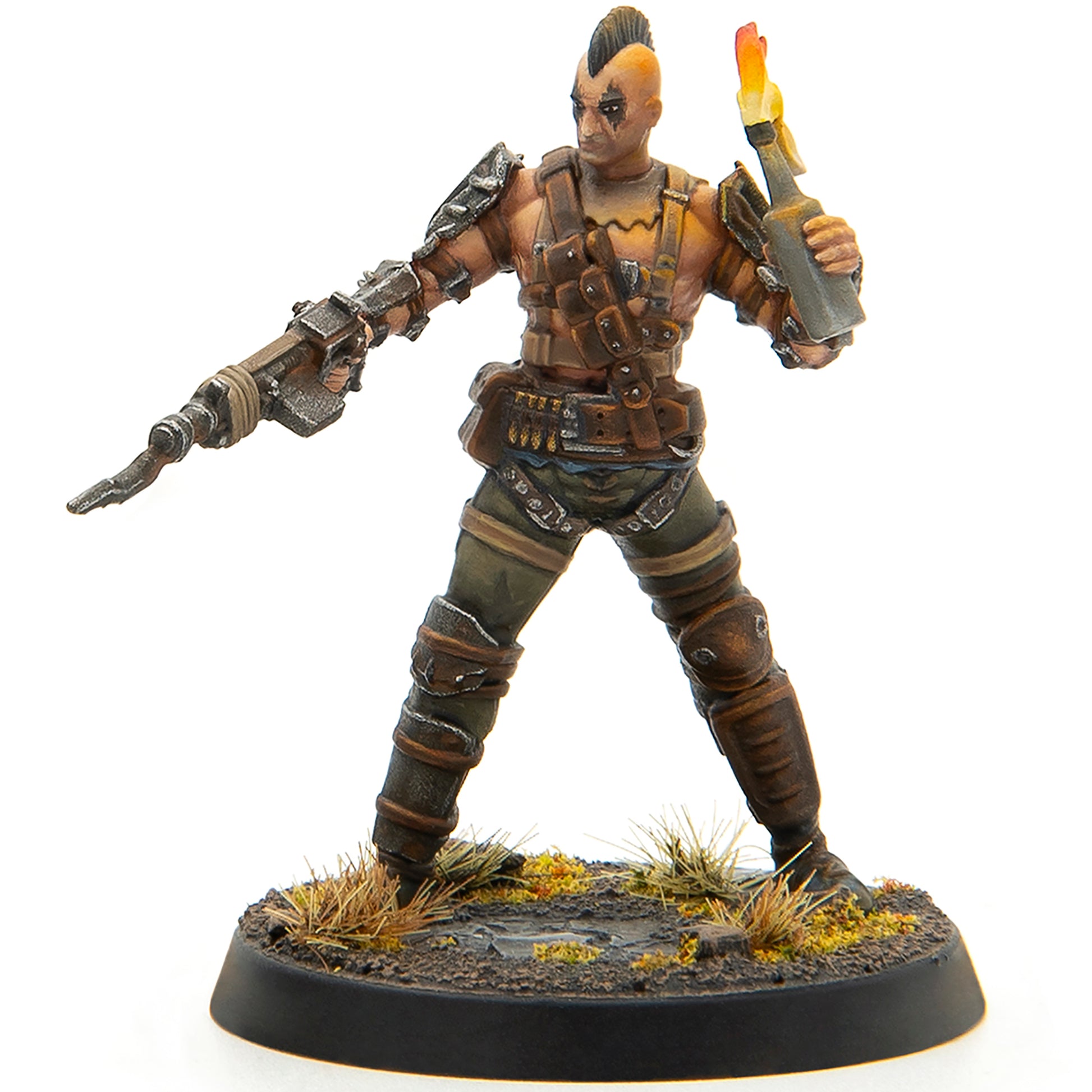 Fallout Wasteland Raiders miniature figure with mohawk, brown leather armor, and flaming torch weapon