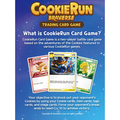CookieRun Braverse Trading Card Game booster display with sample cards including Wizard Cookie, GingerBright, and Ang...