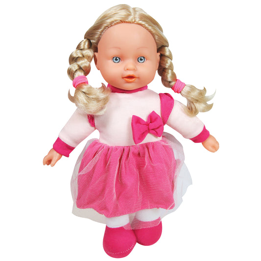12-inch baby doll with blonde pigtails, blue eyes, and peach complexion wearing pink and white outfit with bow detail and pink boots