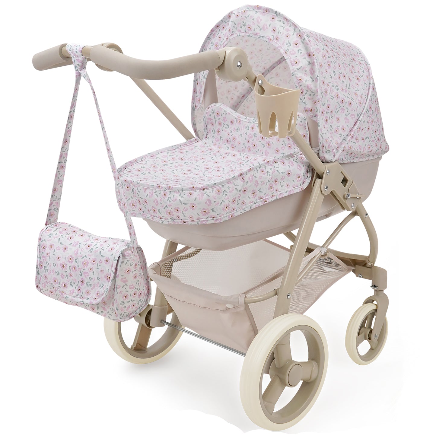 509 Crew Little Flora Bella 2-in-1 pink floral doll pram with cream frame and matching diaper bag
