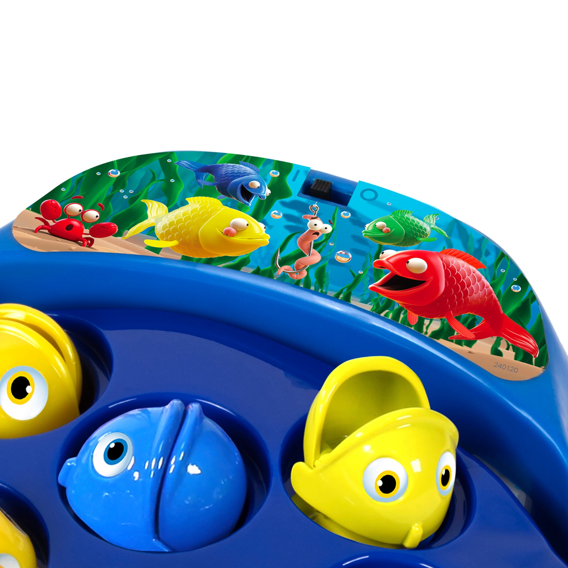 Ambassador Games Fishing Game with blue base, colorful spinning fish toys, and yellow fishing rods for kids ages 3+